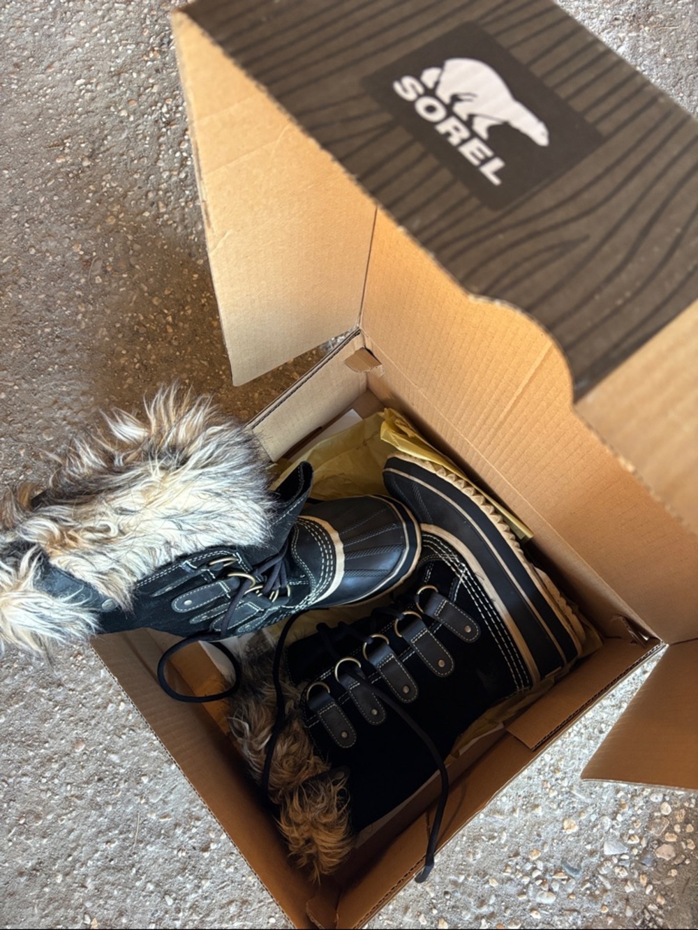 Sorel Black and White Faux Fur Lace-Up Winter Boots